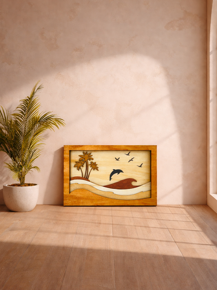 Layered Wooden Beach Wall Art – Dolphin Ocean Scene