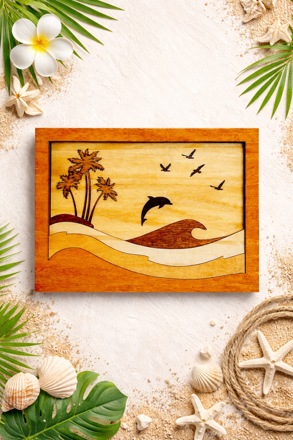 Layered Wooden Beach Wall Art – Dolphin Ocean Scene
