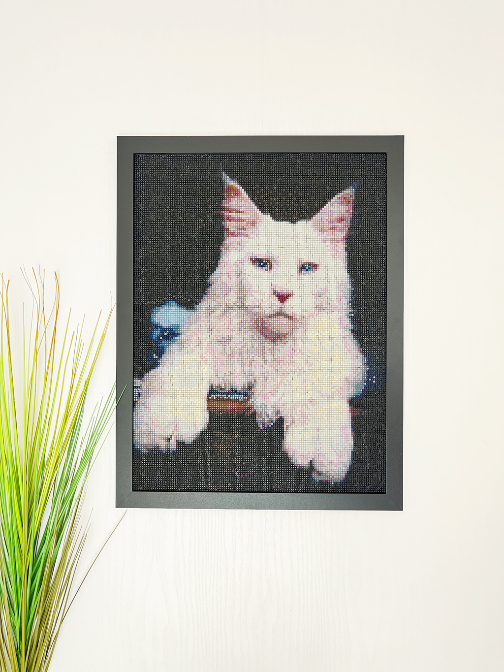 White Cat Diamond Painting Wall Art Framed – Handmade Sparkling Mosaic Cat Artwork – Cat Lover Gift – Unique Pet Wall Decor