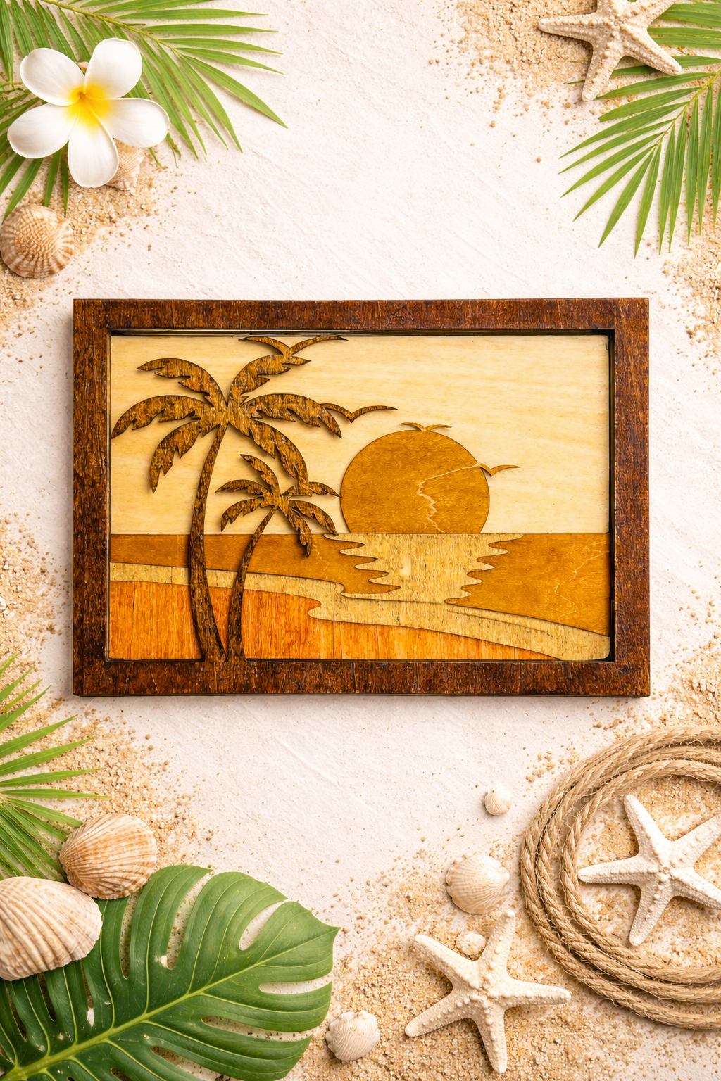 Handcrafted Wooden Sunset Art – Tropical Beach Wall Decor