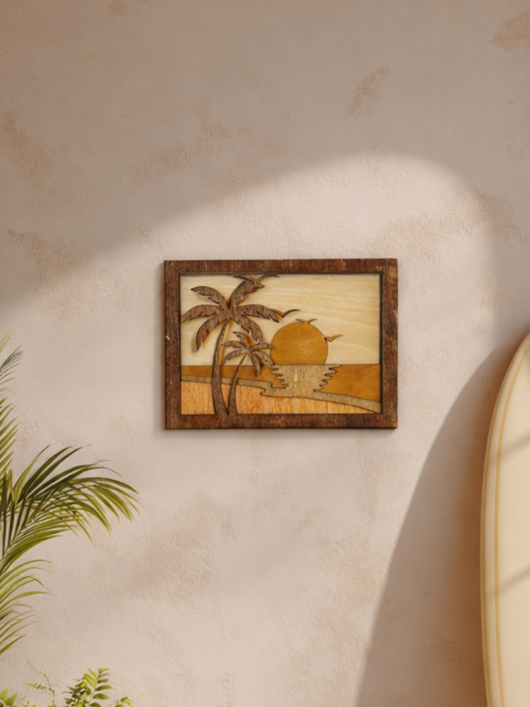 Handcrafted Wooden Sunset Art – Tropical Beach Wall Decor