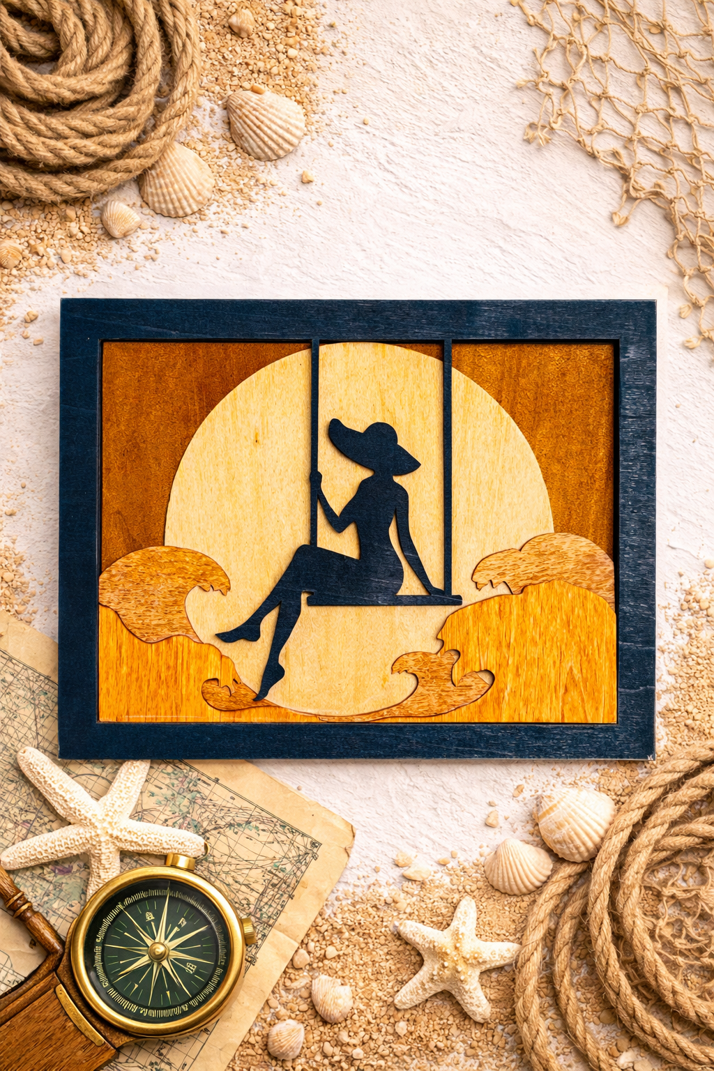 Layered Wooden Sunset Wall Art – Woman on Swing Silhouette