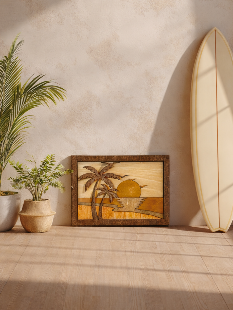 Handcrafted Wooden Sunset Art – Tropical Beach Wall Decor