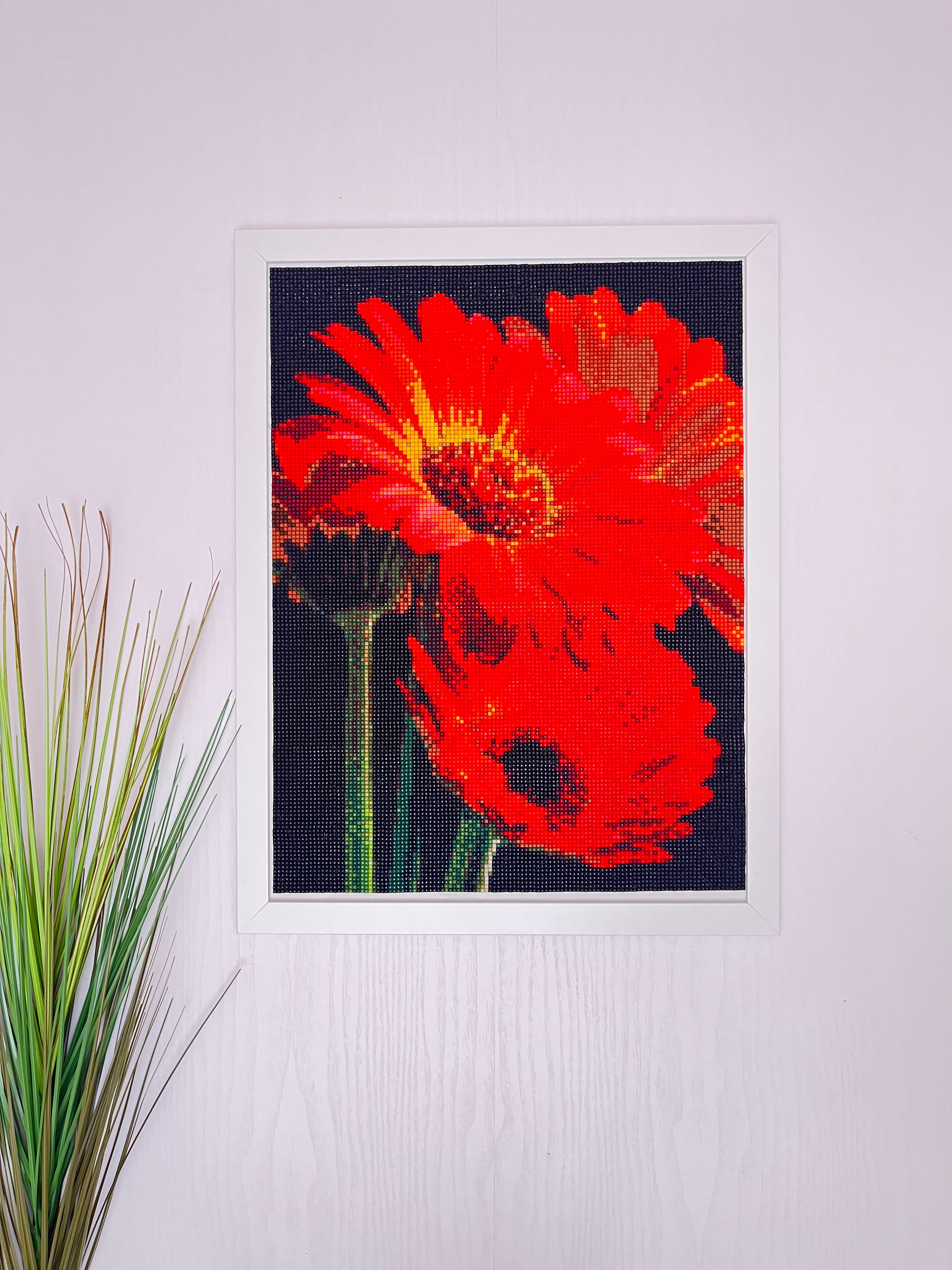 Red Flower Diamond Painting Wall Art Framed – Handmade Sparkling Floral Mosaic Artwork – Botanical Wall Decor – Unique Gift
