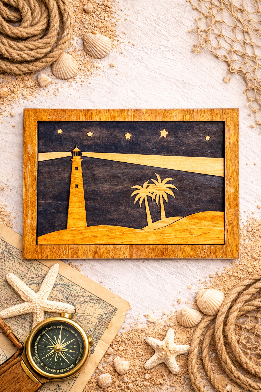 Lighthouse at Night – Handmade Layered Wood Wall Art