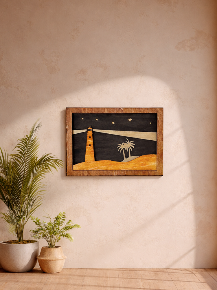 Lighthouse at Night – Handmade Layered Wood Wall Art