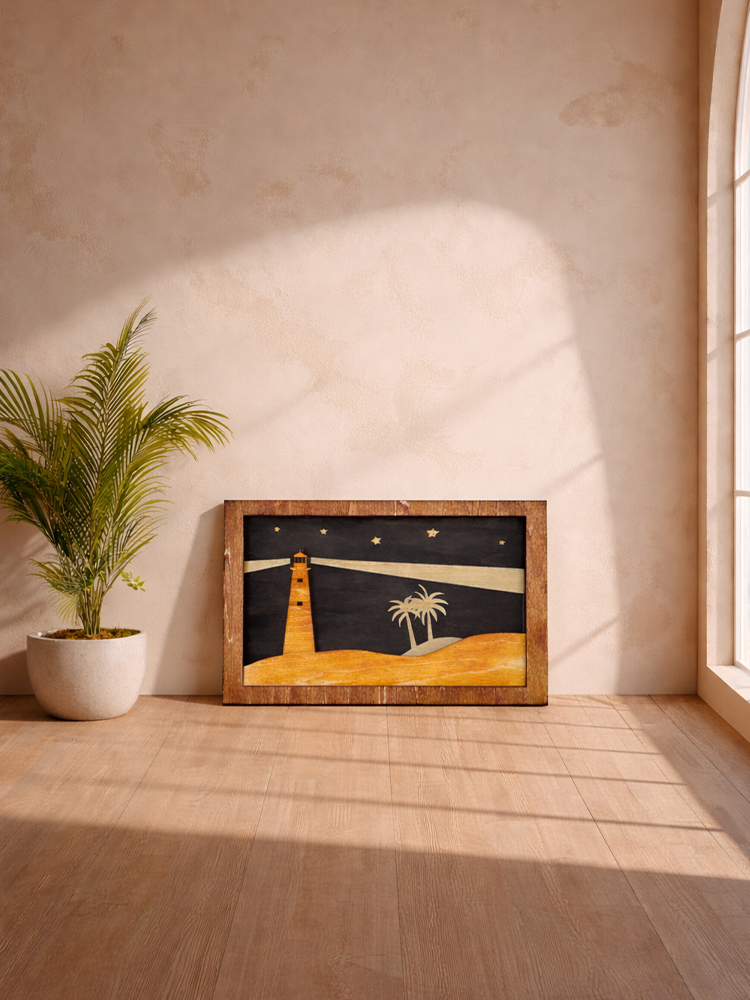 Lighthouse at Night – Handmade Layered Wood Wall Art