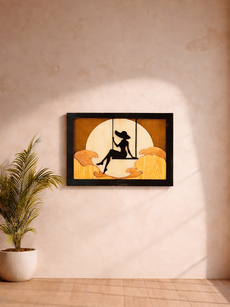 Layered Wooden Sunset Wall Art – Woman on Swing Silhouette