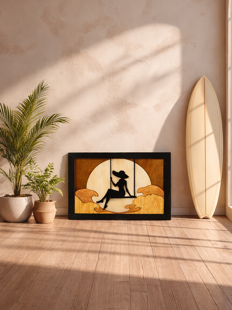 Layered Wooden Sunset Wall Art – Woman on Swing Silhouette