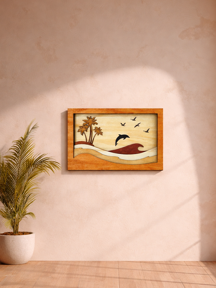 Layered Wooden Beach Wall Art – Dolphin Ocean Scene