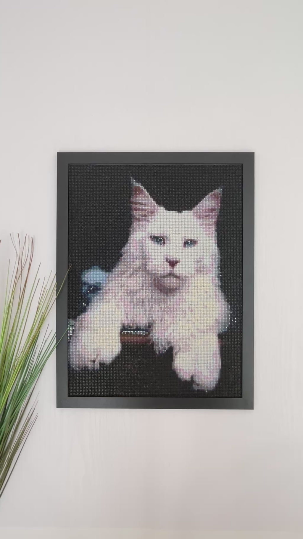 White Cat Diamond Painting Wall Art Framed – Handmade Sparkling Mosaic Cat Artwork – Cat Lover Gift – Unique Pet Wall Decor