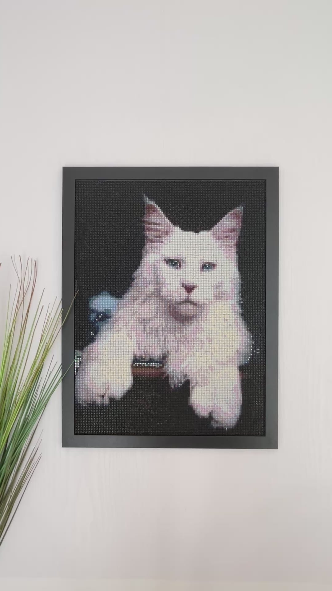 White Cat Diamond Painting Wall Art Framed – Handmade Sparkling Mosaic Cat Artwork – Cat Lover Gift – Unique Pet Wall Decor