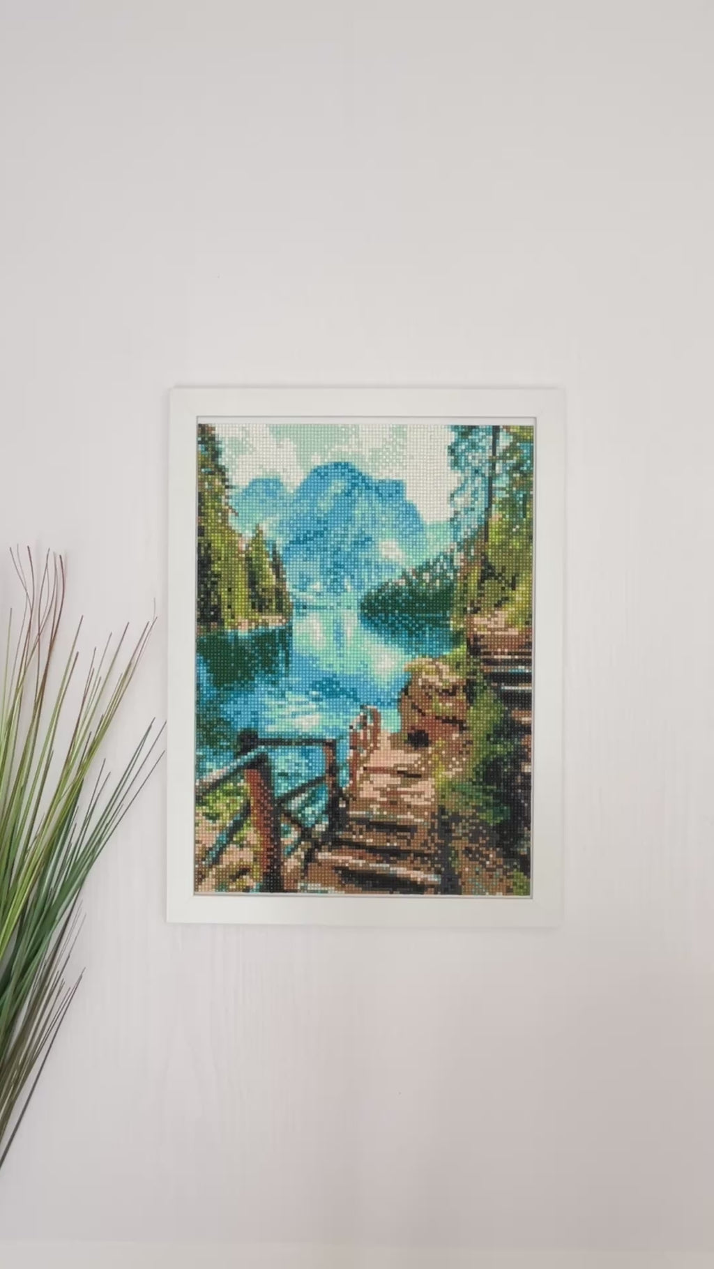 Mountain Lake Diamond Painting Wall Art Framed – Handmade Sparkling Landscape Mosaic Artwork – Nature Scenic Decor – Unique Gift