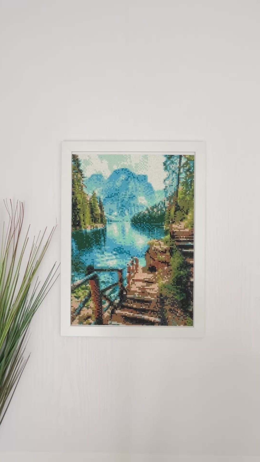Mountain Lake Diamond Painting Wall Art Framed – Handmade Sparkling Landscape Mosaic Artwork – Nature Scenic Decor – Unique Gift
