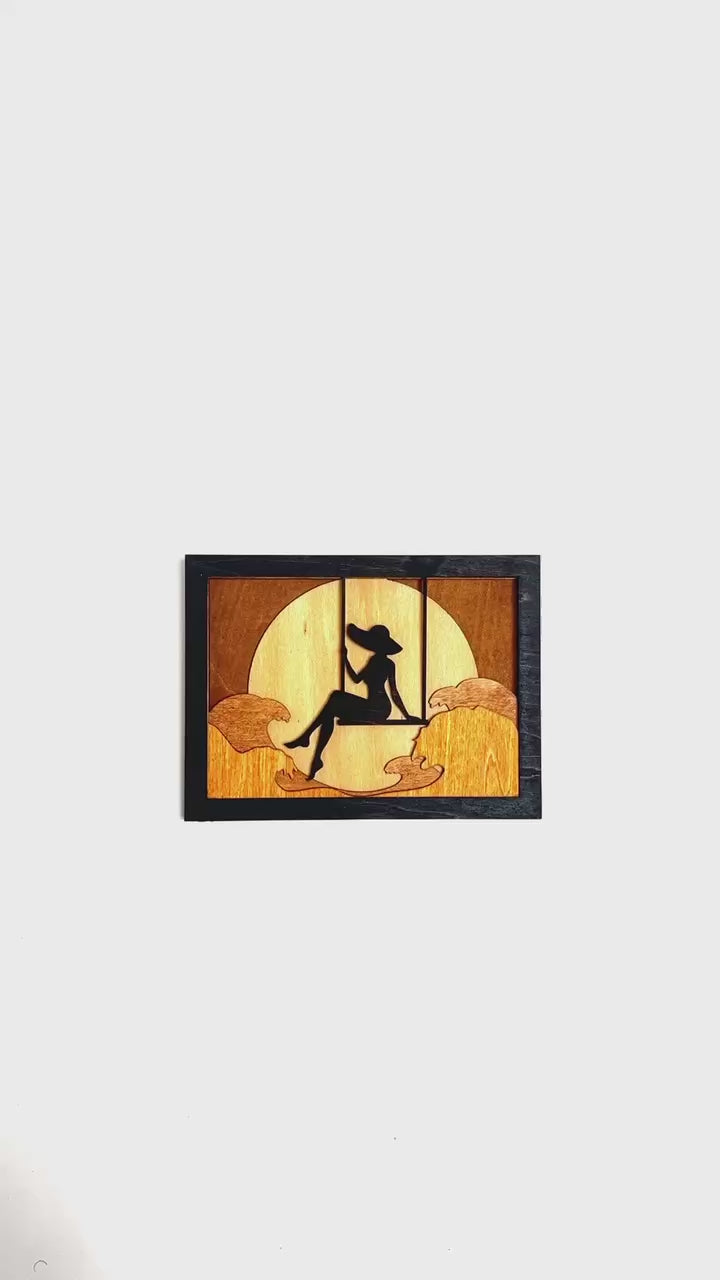 Layered Wooden Sunset Wall Art – Woman on Swing Silhouette