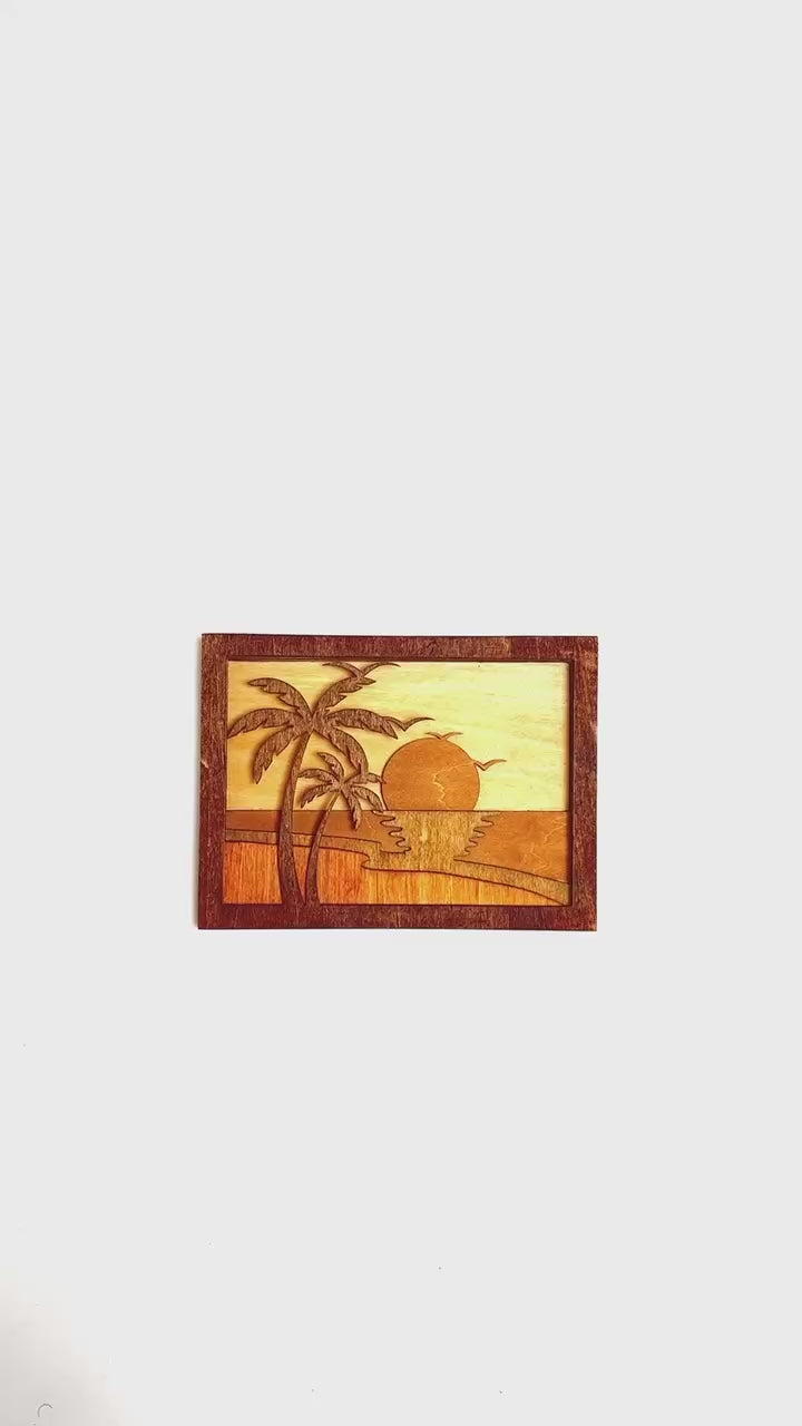 Handcrafted Wooden Sunset Art – Tropical Beach Wall Decor